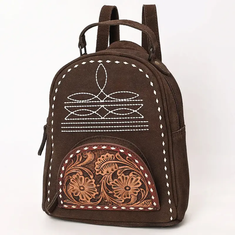 American Darling Chocolate Suede Mini Backpack With Tooled Pocket 1