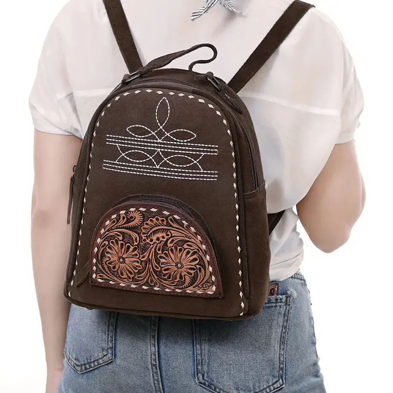 American Darling Chocolate Suede Mini Backpack With Tooled Pocket 2