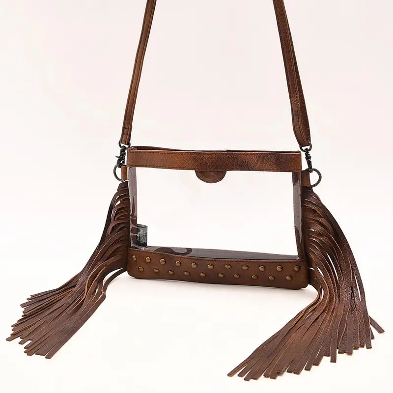 American Darling Genuine Clear Leather Bag With Brass Spots And Fringe 1