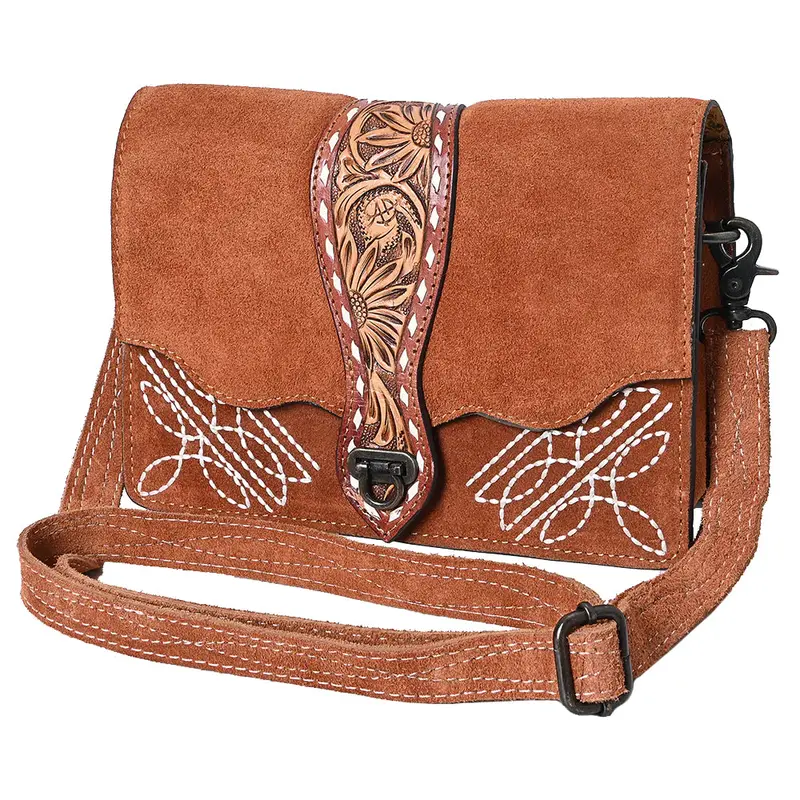 American Darling Rust Suede Crossbody Purse With Tooled Flap 1