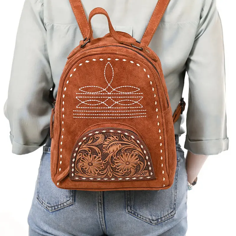 American Darling Rust Suede Mini Backpack With Tooled Pocket 2