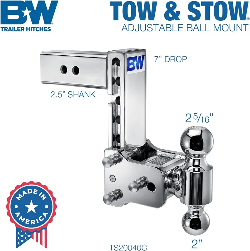 B & W Hitches Tow & Stow 2"& 2 5/16" Balls 7" Drop Trailer Hitch- Chrome 2
