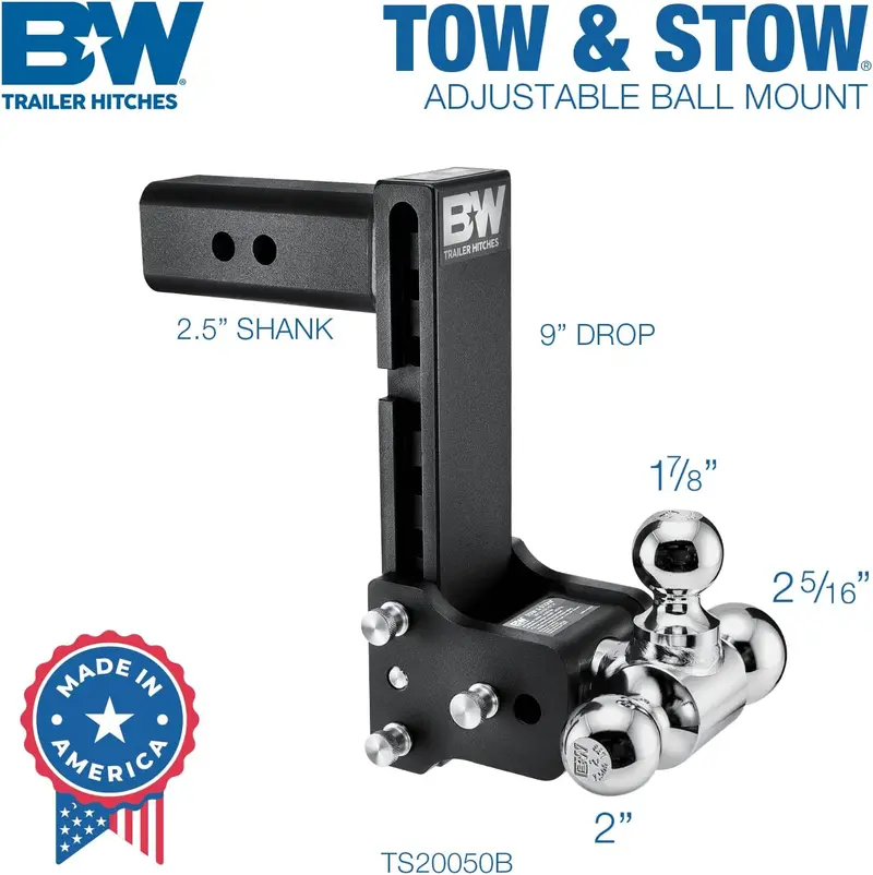B & W Tow & Stow Hitches 1 7/8", 2", 2 5/16" Balls 8 1/2" Drop Trailer Hitch- Black 2