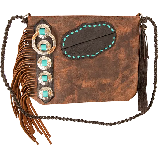 Cashel Leather Fringe Mini Hand Bag With Turquoise Buckstitch 1