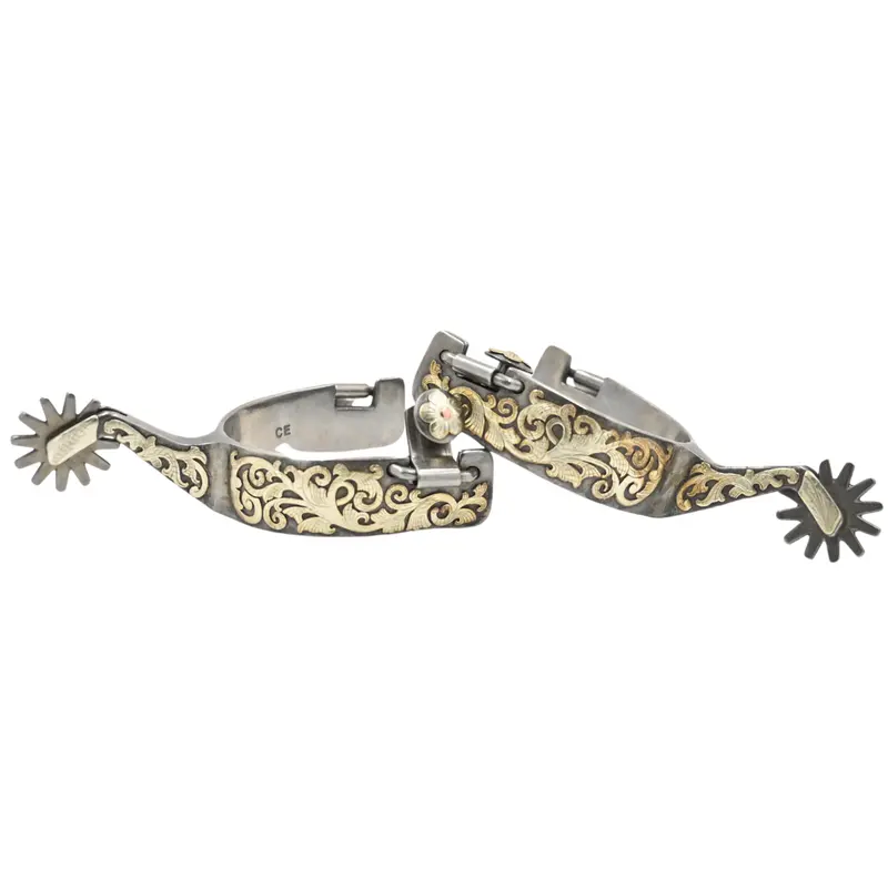 Classic Equine Performance Horse Spurs With Silver And Copper Scroll Overlay - 12Pt Long Shank 1