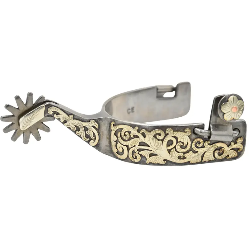 Classic Equine Performance Horse Spurs With Silver And Copper Scroll Overlay - 12Pt Long Shank 2