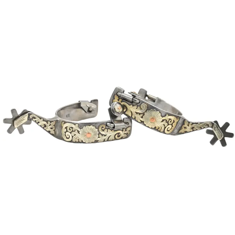 Classic Equine Performance Horse Spurs With Silver Flower Overlay- 6Pt 1