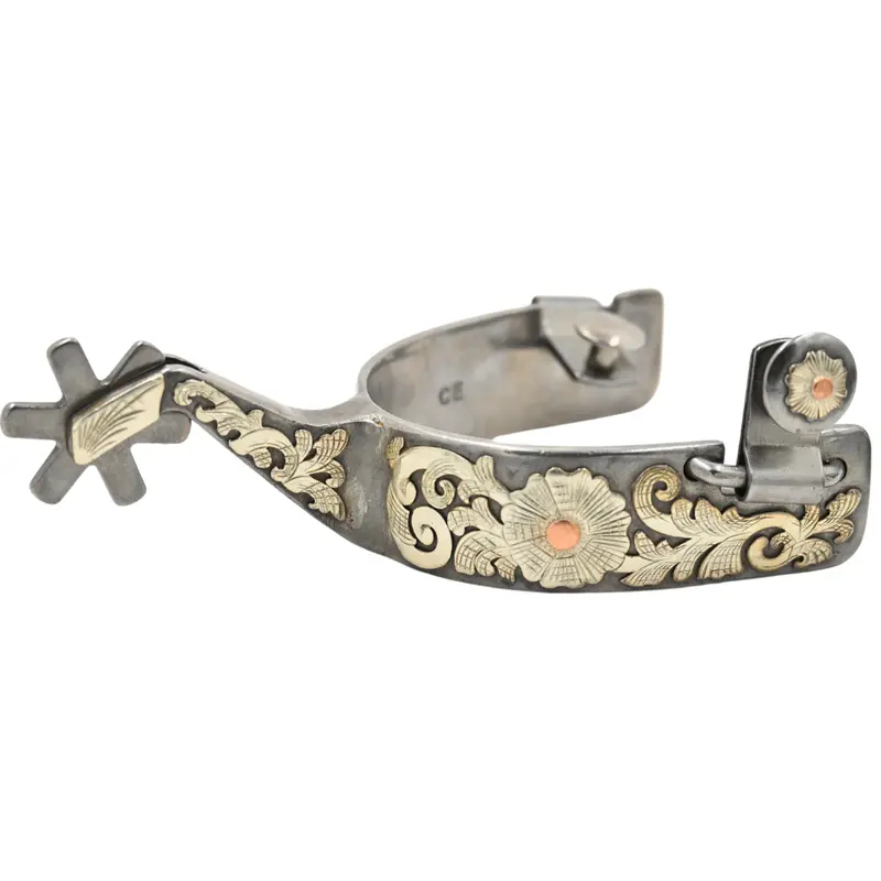 Classic Equine Performance Horse Spurs With Silver Flower Overlay- 6Pt 2