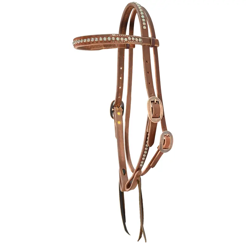 Cowperson Tack Browband Headstall With Copper Buckles And Patina Turquoise Spots 1