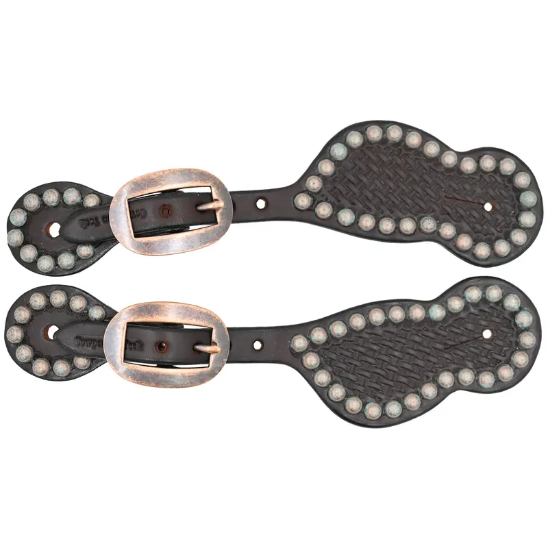 Cowperson Tack Ladies Chocolate Basket Stamped Spur Straps With Patina Turquoise Spots 1