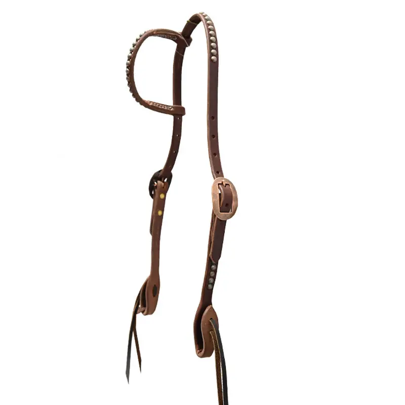 Cowperson Tack Slip Ear Headstall With Copper Buckle And Patina Turquoise Spots 1