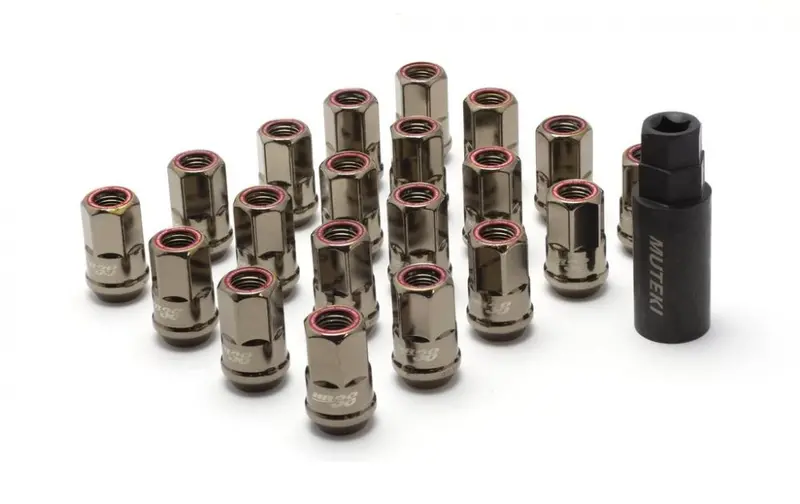 Muteki - Hr38 Open Ended Steel Lug Nuts - 12X1.5Mm - Titanium Chrome / Red Ring 1