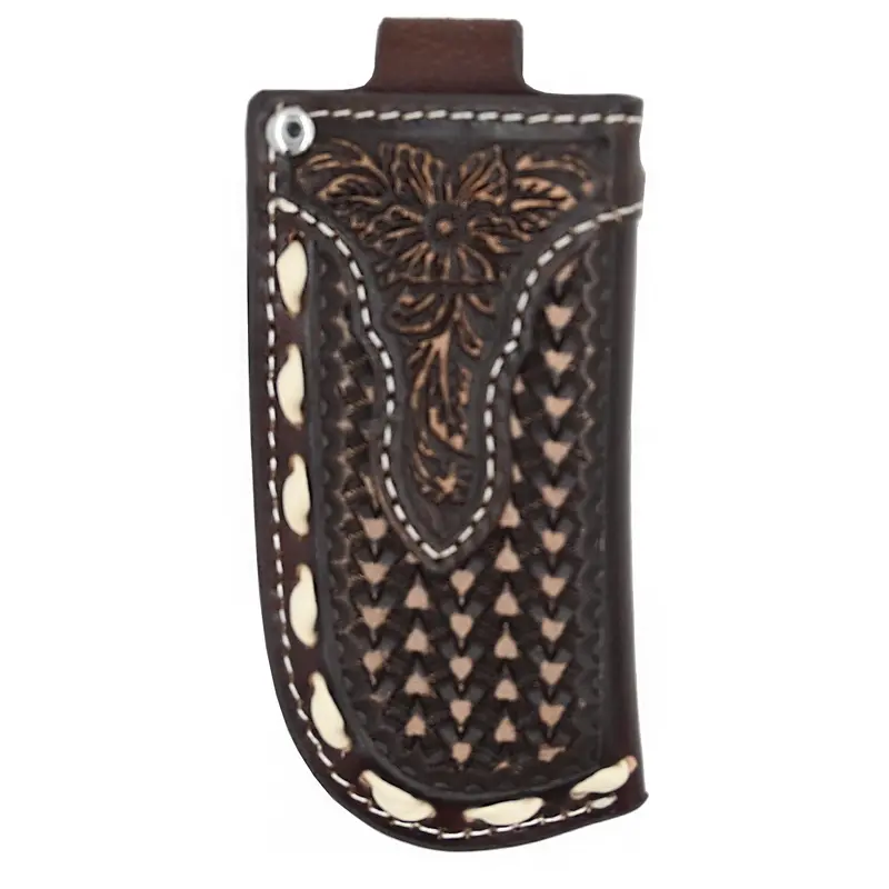 Nocona Small Leather Vertical Knife Sheath With Black Lace Stamping 1