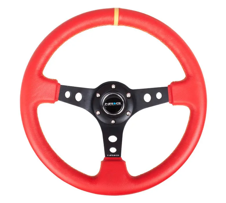 Nrg Innovations Deep Dish Series Leather Finish Red W/ Yellow Stitching W/ Yellow Stripe 1