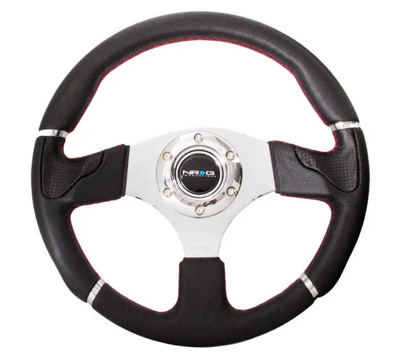 Nrg Innovations "Evo" Sport Leather Steering Wheel W/ Red Stitch And Chrome Trim 1