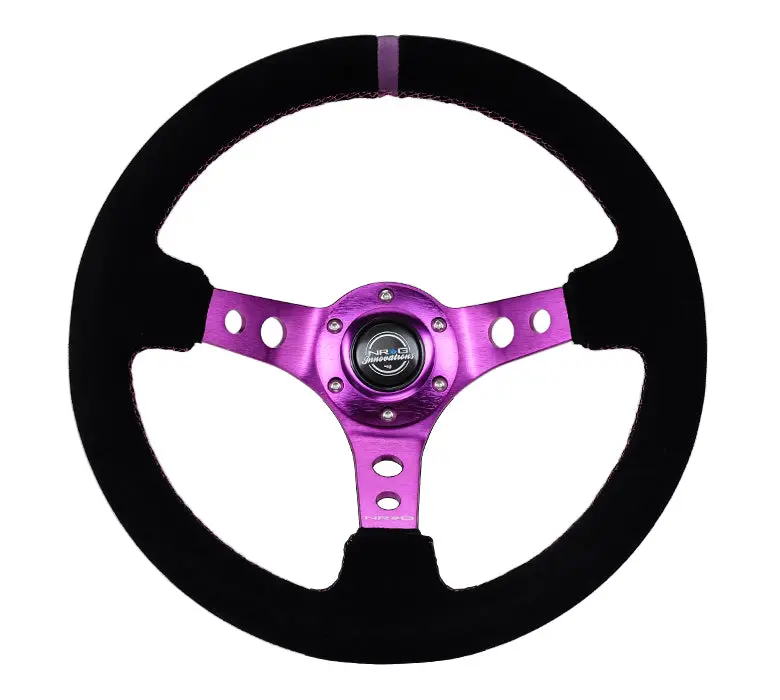 Nrg Reinforced Steering Wheel (350Mm / 3In. Deep) Black Suede W/Purple Center & Purple Stitching 1