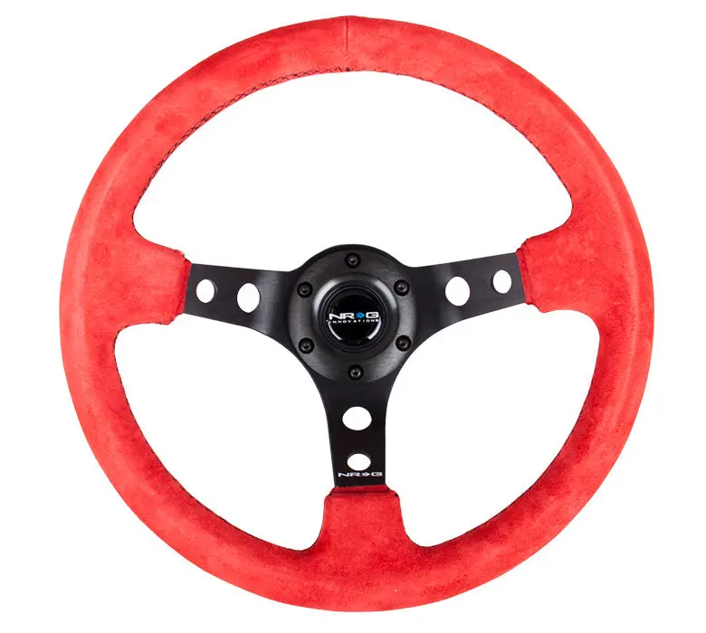 Nrg Reinforced Steering Wheel (350Mm / 3In. Deep) Red Suede W/Blk Circle Cutout Spokes 1