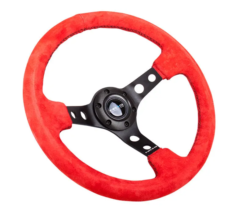 Nrg Reinforced Steering Wheel (350Mm / 3In. Deep) Red Suede W/Blk Circle Cutout Spokes 2