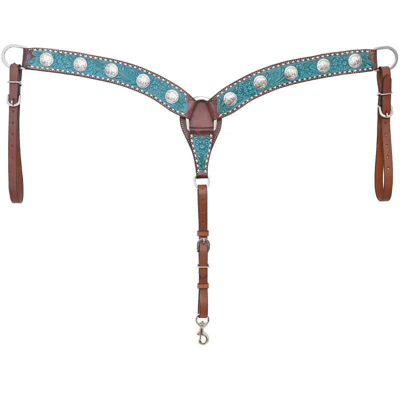 Rafter T Ranch Co. 2" Turquoise Washed Floral Tooled Breast Collar With Buffalo Nickel Conchos 1