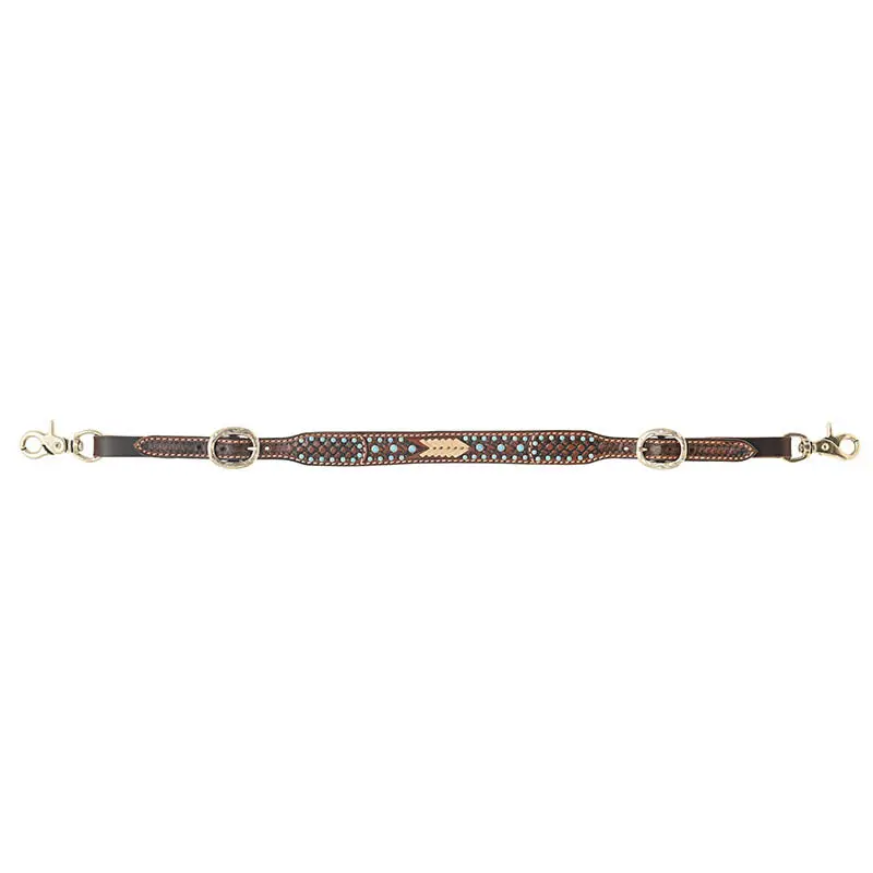 Rafter T Ranch Co. Basket Tooled Wither Strap With Rawhide Weaving, Turquoise Flower Spots 1