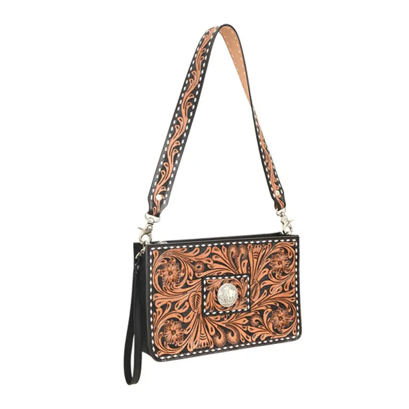 Rafter T Ranch Co Black Tooled Crossbody Purse With Tooled Leather Strap And White Buckstitch 1