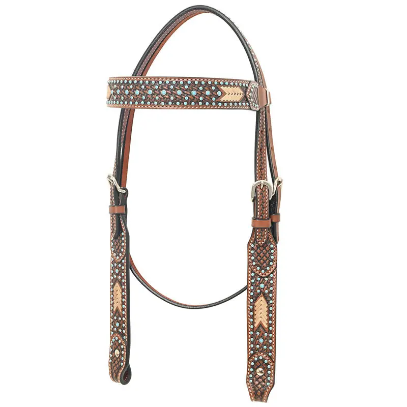Rafter T Ranch Co. Browband Headstall With Basket Tooling, Rawhide Weaving, Turquoise Beads 1