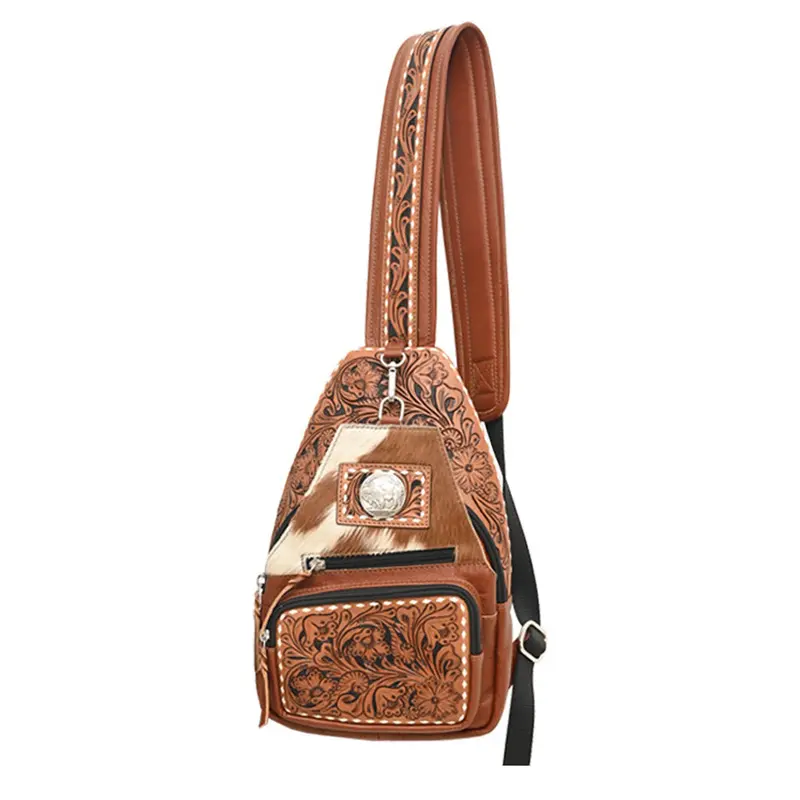 Rafter T Ranch Co Brown Floral Tooled Sling Bag With Hair On Hide Detail 1