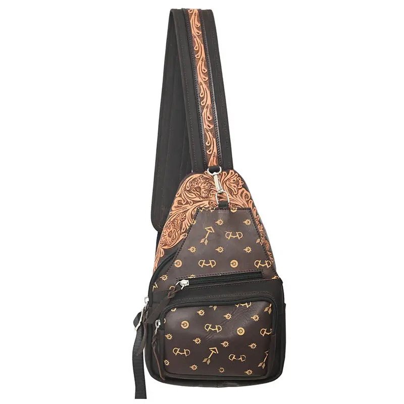 Rafter T Ranch Co Brown Floral Tooled Sling Bag With Tan Printed Arrows 1