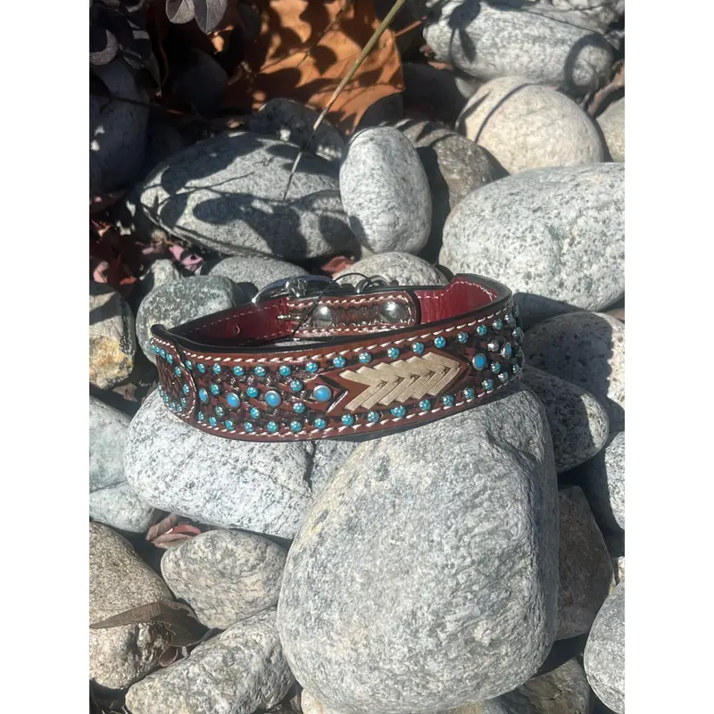 Rafter T Ranch Co. Dog Collar With Turquoise Spots And Rawhide Arrows 1