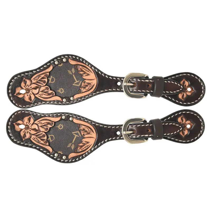 Rafter T Ranch Co Kid’S Spur Strap With Floral Carving, Tan Printed Arrows Inlay 1
