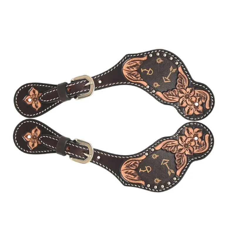Rafter T Ranch Co.Ladies Spur Strap With Floral Carving, Tan Printed Arrows Inlay 1
