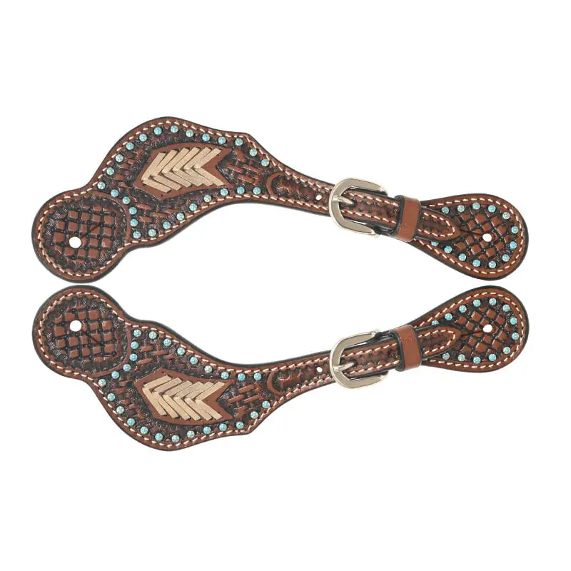 Rafter T Ranch Co. Ladies Spur Straps With Basket Tooling, Rawhide Weaving, Turquoise Beads 1