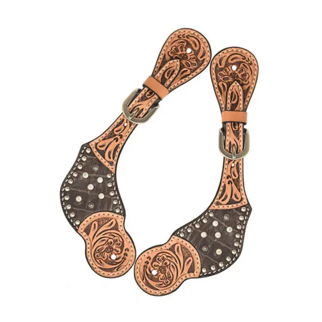 Rafter T Ranch Co. Ladies Spur Straps With Chocolate Gator Overlay And Studs 1