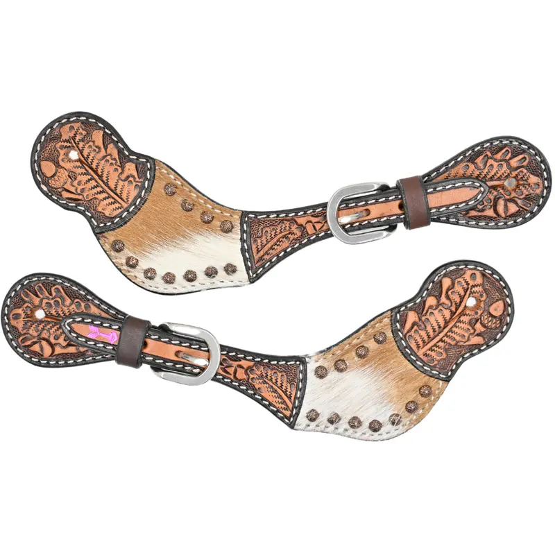 Rafter T Ranch Co Ladies Spur Straps With Cowhide, Two Tone Leather Tooling And Brass Accents 1