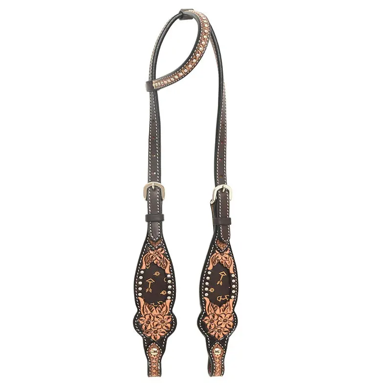 Rafter T Ranch Co. Slip Ear Headstall With Floral Tooling, Tan Printed Arrows Inlay 1