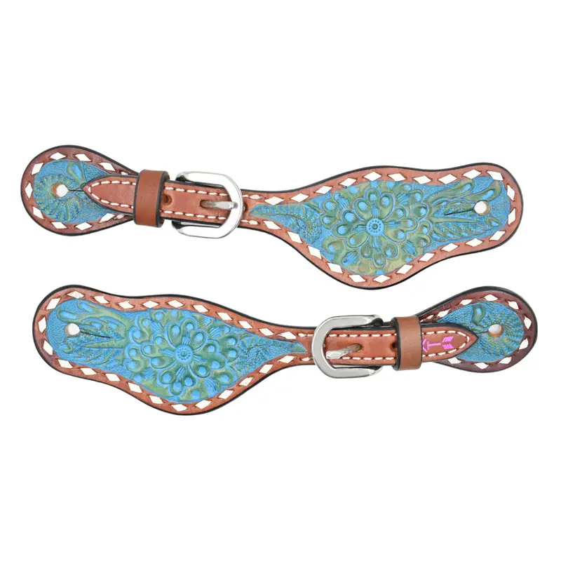 Rafter T Ranch Co. Turquoise Washed Floral Tooled Kid's Spur Straps 1