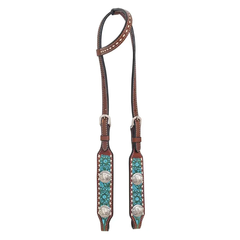 Rafter T Ranch Co. Turquoise Washed Slip Ear Headstall With Buffalo Nickel Conchos 1