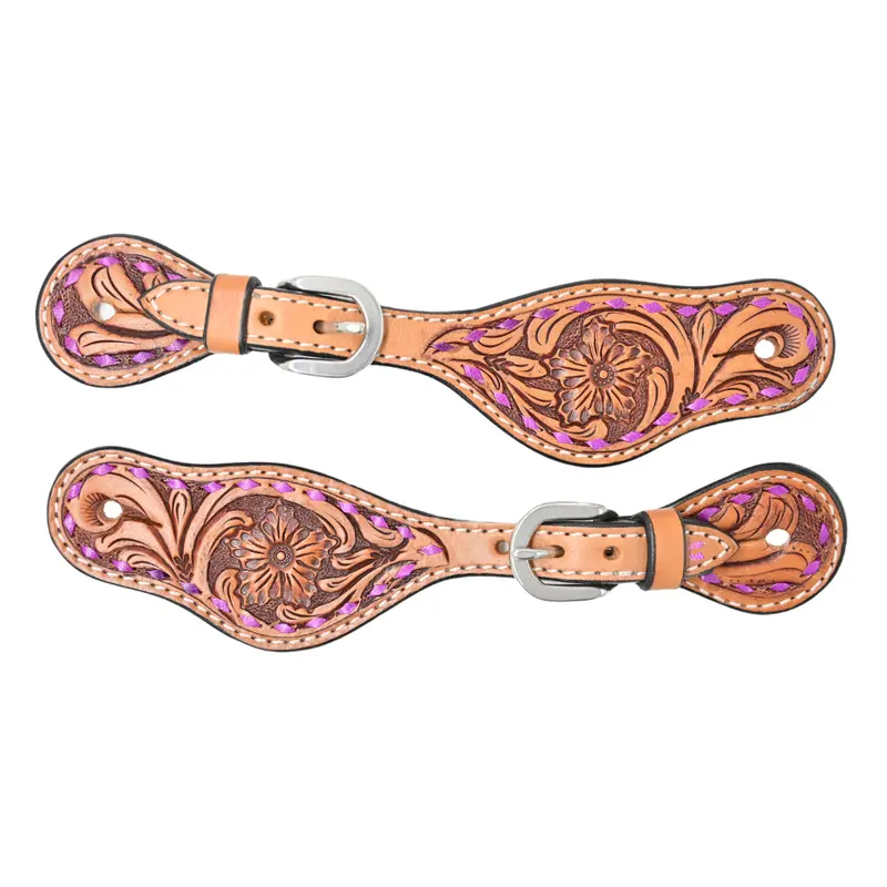 Rafter T Tack Kids Spur Straps W/ Floral Tooling & Purple Buckstitch 1