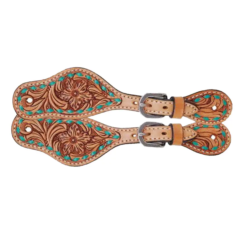 Rafter T Tack Kids Spur Straps W/ Floral Tooling & Turquoise Buckstitch 1