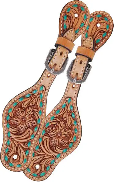 Rafter T Tack Kids Spur Straps W/ Floral Tooling & Turquoise Buckstitch 2