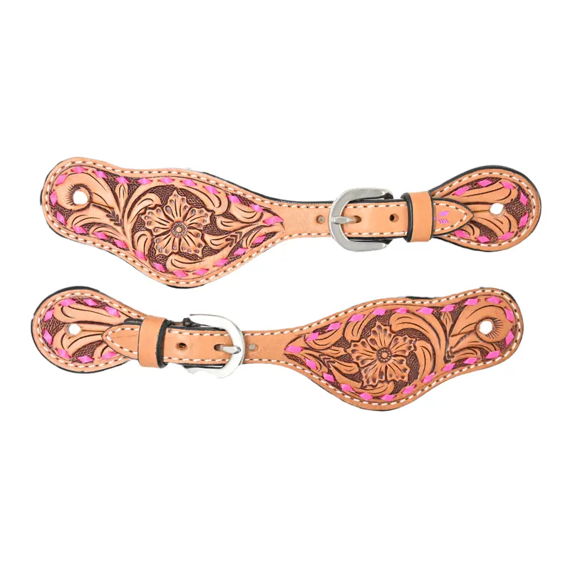 Rafter T Tack Kids Spur Straps With Floral Tooling & Pink Buckstitch 1