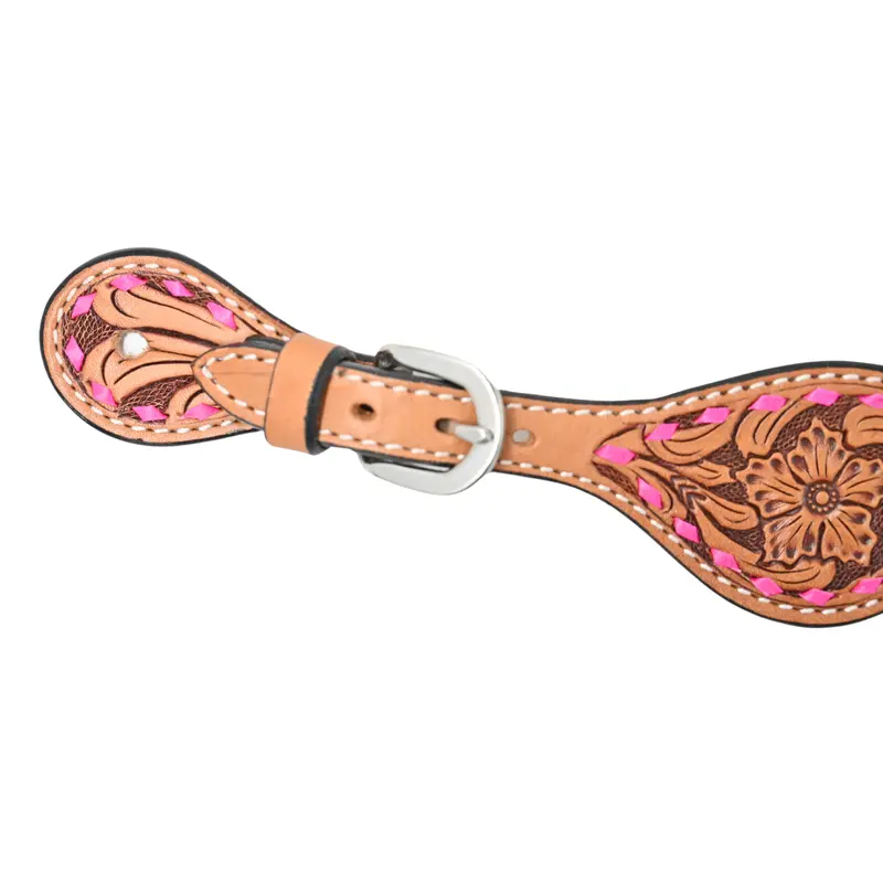 Rafter T Tack Kids Spur Straps With Floral Tooling & Pink Buckstitch 2