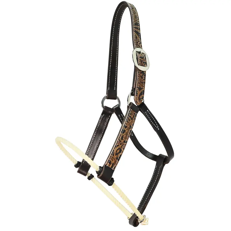 San Saba Equine Lariat Nose Chocolate Leather Halter With Brown Floral Overlay And Buckstitch 1