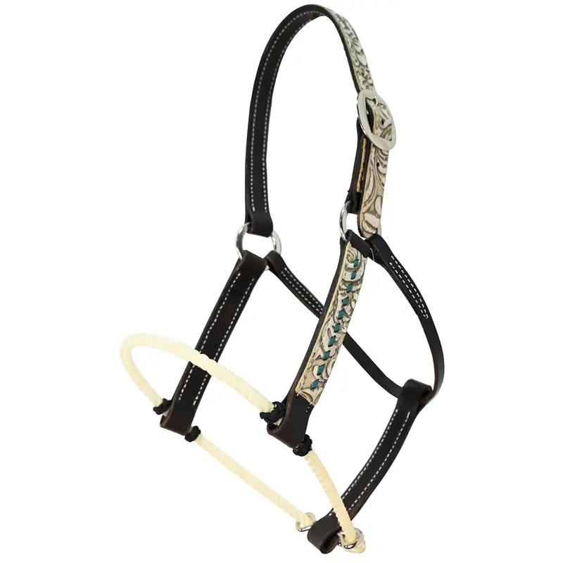 San Saba Equine Lariat Nose Chocolate Leather Halter With Sand Floral Overlay And Buckstitch 1