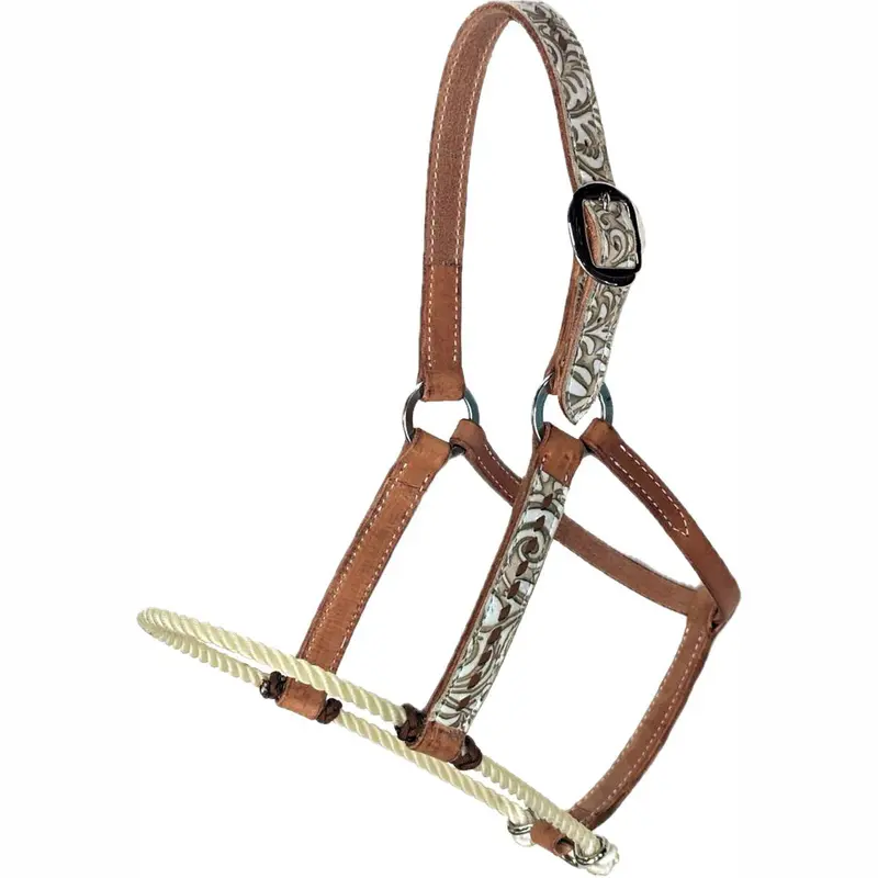 San Saba Equine Lariat Nose Harness Leather Halter With Sand Floral Overlay And Buckstitch 1