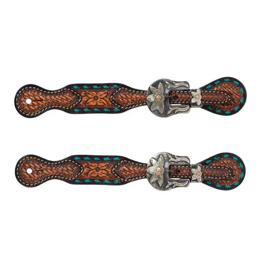Weaver Leather Floral Tooled Ladies Spur Straps With Turquoise Buckstitch 1