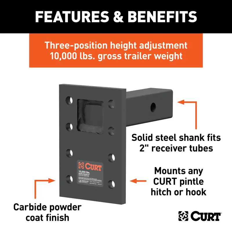 Curt 48323 Adjustable Pintle Hook Mount – 2-Inch Shank, 10,000-Lb Capacity, 7-Inch Height 1