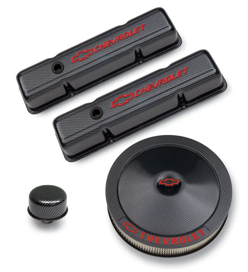 Proform Engine Dress-Up Kit – Black Carbon Finish With Red Bowtie And Lettering For Small-Block Chevy 1